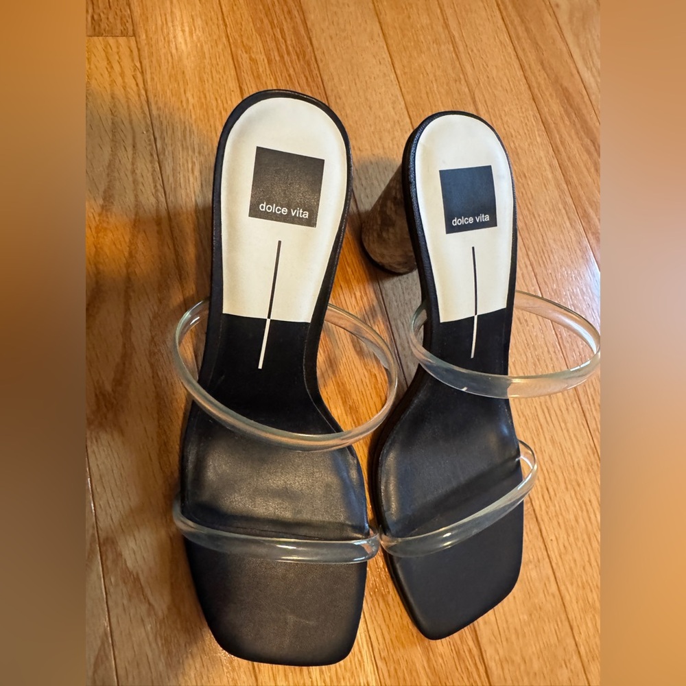 Dolce Vita Black Mule Heels with Clear Double Straps & Snake Heel - size 10